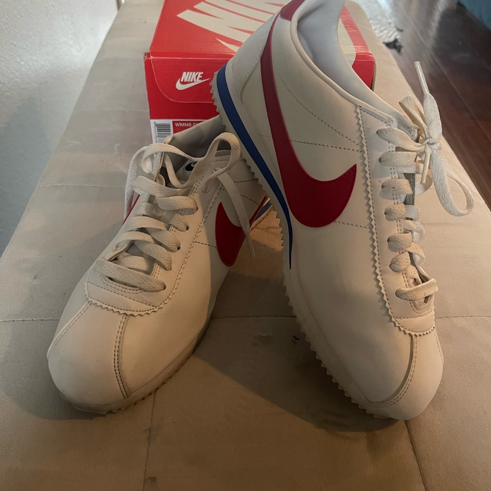 Nike White Red And Blue Classic Cortez Retro Leather Sneakers